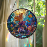 Mermaid Stained Glass Suncatcher, Round Ocean Underwater Fantasy Window Panel with Coral Reef and Fish, Nautical Home Decor