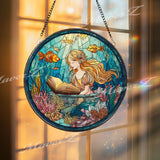 Mermaid Reading Stained Glass Suncatcher, Round Underwater Fantasy Window Panel with Coral Reef and Fish, Nautical Ocean Decor