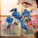 Blue Jay Acrylic Suncatcher with Blue Flowers, Colorful Bird Window Hanging, Nature Inspired Acrylic Window Decor Gift for Bird Lovers