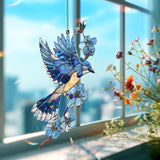 Flying Blue Jay Acrylic Suncatcher with Blue Flowers, Bird Window Hanging Decor, Nature Inspired Acrylic Home Ornament Gift for Bird Lovers