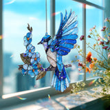 Blue Jay Acrylic Suncatcher with Blue Flowers, Bird Window Hanging Lightweight Acrylic Decor, Nature Inspired Ornament Gift for Bird Lovers
