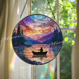 Fishing Stained Glass Suncatcher, Round Lake Sunset Window Panel with Mountains and Forest, Outdoor Nature Art Glass Hanging for Cabin Decor