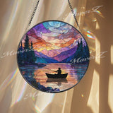 Fishing Stained Glass Suncatcher, Round Lake Sunset Window Panel with Mountains and Forest, Outdoor Nature Art Glass Hanging for Cabin Decor