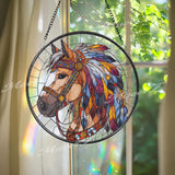 Horse Stained Glass Suncatcher, Round Equine Window Panel with Colorful Feathers, Western Boho Art Glass Hanging, Gift for Horse Lovers