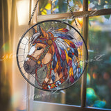 Horse Stained Glass Suncatcher, Round Equine Window Panel with Colorful Feathers, Western Boho Art Glass Hanging, Gift for Horse Lovers