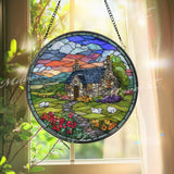 Cottage Stained Glass Suncatcher, Round Country House Window Panel with Sheep and Garden Flowers, Colorful Nature Art Glass Hanging Decor