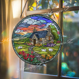 Cottage Stained Glass Suncatcher, Round Country House Window Panel with Sheep and Garden Flowers, Colorful Nature Art Glass Hanging Decor