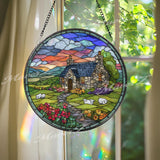 Cottage Stained Glass Suncatcher, Round Country House Window Panel with Sheep and Garden Flowers, Colorful Nature Art Glass Hanging Decor