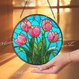 Tulip Stained Glass Suncatcher, Round Floral Window Panel with Pink Flowers and Green Leaves, Colorful Garden Art Glass Hanging Home Decor