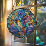 Hummingbird Stained Glass Suncatcher, Round Floral Window Panel with Morning Glories, Colorful Nature Art Glass Hanging