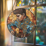 Guitarist Stained Glass Suncatcher, Round Musician Window Panel with Acoustic Guitar, Colorful Art Glass Hanging, Gift for Music Lovers