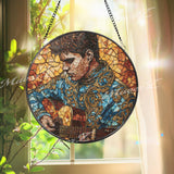 Guitarist Stained Glass Suncatcher, Round Musician Window Panel with Acoustic Guitar, Colorful Art Glass Hanging, Gift for Music Lovers