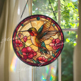 Hummingbird Stained Glass Suncatcher, Round Floral Window Panel with Red Flowers, Colorful Nature Art Glass Hanging, Gift for Bird Lovers
