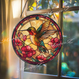Hummingbird Stained Glass Suncatcher, Round Floral Window Panel with Red Flowers, Colorful Nature Art Glass Hanging, Gift for Bird Lovers