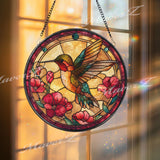 Hummingbird Stained Glass Suncatcher, Round Floral Window Panel with Red Flowers, Colorful Nature Art Glass Hanging, Gift for Bird Lovers