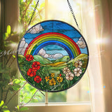 Rainbow Stained Glass Suncatcher, Round Colorful Window Panel with Flowers and Clouds, Nature Art Glass Hanging, Gift for Home