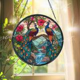 Peacock Stained Glass Suncatcher, Round Exotic Birds Window Panel with Flowers, Colorful Nature Art Glass Hanging, Gift for Bird Lovers