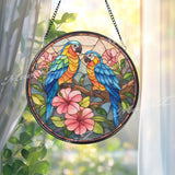 Parrot Stained Glass Suncatcher, Round Tropical Birds Window Panel with Hibiscus Flowers, Colorful Exotic Art Glass Hanging for Bird Lovers