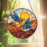 Bluebird Stained Glass Suncatcher, Round Sunset Birds Window Panel, Colorful Nature Art Glass Hanging, Gift for Bird Lovers and Home Decor