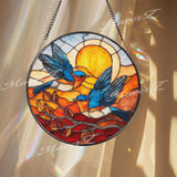 Bluebird Stained Glass Suncatcher, Round Sunset Birds Window Panel, Colorful Nature Art Glass Hanging, Gift for Bird Lovers and Home Decor