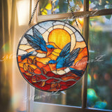 Bluebird Stained Glass Suncatcher, Round Sunset Birds Window Panel, Colorful Nature Art Glass Hanging, Gift for Bird Lovers and Home Decor