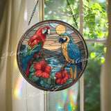 Parrot Stained Glass Suncatcher, Round Tropical Birds Window Panel with Hibiscus Flowers, Colorful Jungle Art Glass Hanging