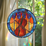 Cello Stained Glass Suncatcher, Round Musical Window Panel with Bow, Colorful String Instrument Art Glass Hanging, Gift for Cellists