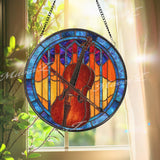 Cello Stained Glass Suncatcher, Round Musical Window Panel with Bow, Colorful String Instrument Art Glass Hanging, Gift for Cellists