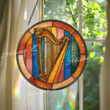 Harp Stained Glass Suncatcher, Round Musical Window Panel, Colorful Celtic Instrument Art Glass Hanging, Gift for Harpists and Music Lovers