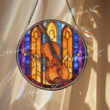 Violin Stained Glass Suncatcher, Round Musical Window Panel with Bow, Colorful Symphony Art Glass Hanging, Gift for Musicians