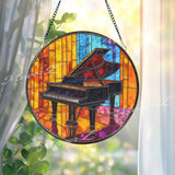 Grand Piano Stained Glass Suncatcher, Round Musical Window Panel, Colorful Art Deco Glass Hanging, Gift for Music Lovers and Pianists
