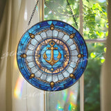 Nautical Anchor Stained Glass Suncatcher, Round Ocean Blue Window Hanging, Coastal Beach Decor Gift, Maritime Glass Art Panel