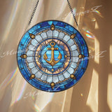Nautical Anchor Stained Glass Suncatcher, Round Ocean Blue Window Hanging, Coastal Beach Decor Gift, Maritime Glass Art Panel