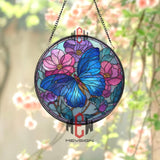 Butterfly Stained Glass Suncatcher, Round Blue Butterfly with Pink and Purple Flowers Window Panel, Nature Garden Lover Home Decor Gift