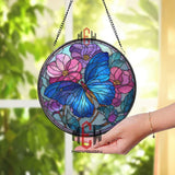 Butterfly Stained Glass Suncatcher, Round Blue Butterfly with Pink and Purple Flowers Window Panel, Nature Garden Lover Home Decor Gift