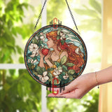 Goddess Stained Glass Suncatcher, Round Woman with Red Apple and Blossoms Window Panel, Fantasy Art Nouveau Floral Home Decor Gift