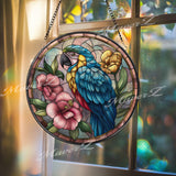 Parrot Stained Glass Suncatcher, Round Tropical Bird Window Panel with Hibiscus Flowers, Exotic Colorful Home Decor Gift