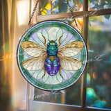Bee Stained Glass Suncatcher, Round Insect Window Panel with Golden Wings and Green Border, Nature Inspired Home Decor Gift