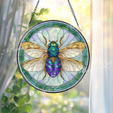Bee Stained Glass Suncatcher, Round Insect Window Panel with Golden Wings and Green Border, Nature Inspired Home Decor Gift