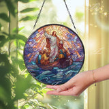 Axolotl Stained Glass Suncatcher, Round Pink Salamander Window Panel with Blue Water Plants, Unique Aquatic Animal Home Decor Gift