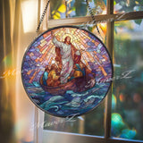 Axolotl Stained Glass Suncatcher, Round Pink Salamander Window Panel with Blue Water Plants, Unique Aquatic Animal Home Decor Gift