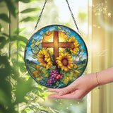 Sunflower Cross Stained Glass Suncatcher, Round Christian Window Panel with Grapes, Faith Religious Window Hanging
