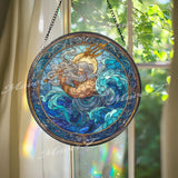 Poseidon Stained Glass Suncatcher, Round Greek God of Sea Window Panel with Trident and Waves, Mythology Ocean Home Decor