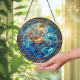 Poseidon Stained Glass Suncatcher, Round Greek God of Sea Window Panel with Trident and Waves, Mythology Ocean Home Decor