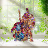 Warrior and Hound Acrylic Suncatcher, Mythological Soldier with Spear and Dog, Fantasy Window Hanging, Gothic Home Decor