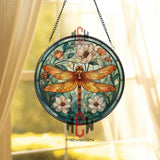 Orange Dragonfly Stained Glass Suncatcher, Round Floral Window Panel with White and Peach Flowers, Nature Inspired Hanging Home Decor