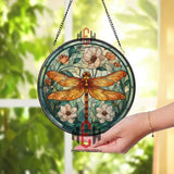 Orange Dragonfly Stained Glass Suncatcher, Round Floral Window Panel with White and Peach Flowers, Nature Inspired Hanging Home Decor