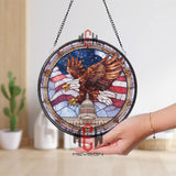 American Bald Eagle Stained Glass Suncatcher, Round Patriotic Window Panel with Capitol Building and Flag, USA Freedom Home Decor