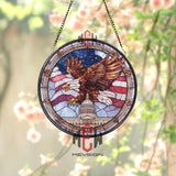 American Bald Eagle Stained Glass Suncatcher, Round Patriotic Window Panel with Capitol Building and Flag, USA Freedom Home Decor