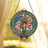 WWI Soldier Stained Glass Suncatcher, Round Patriotic Window Panel with American Flag, Military Memorial Tribute Home Decor Gift